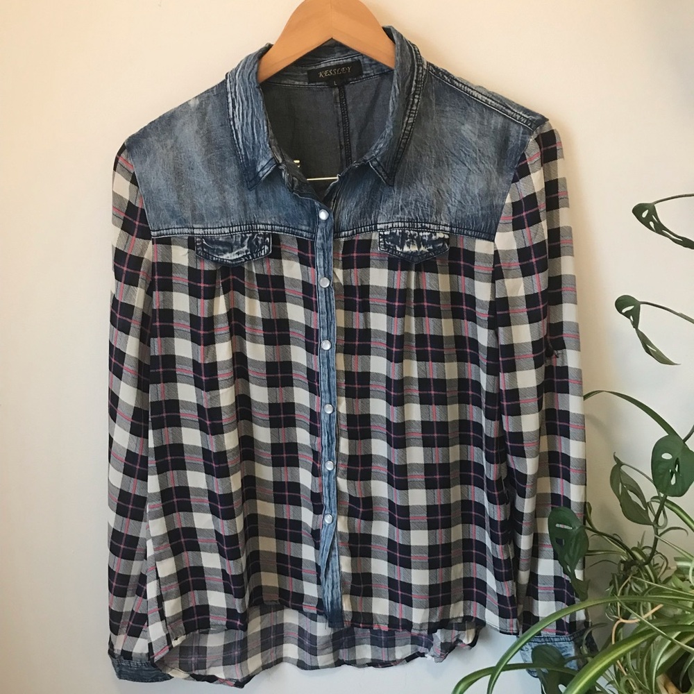 Blue and Pink Plaid Button-Up Shirt